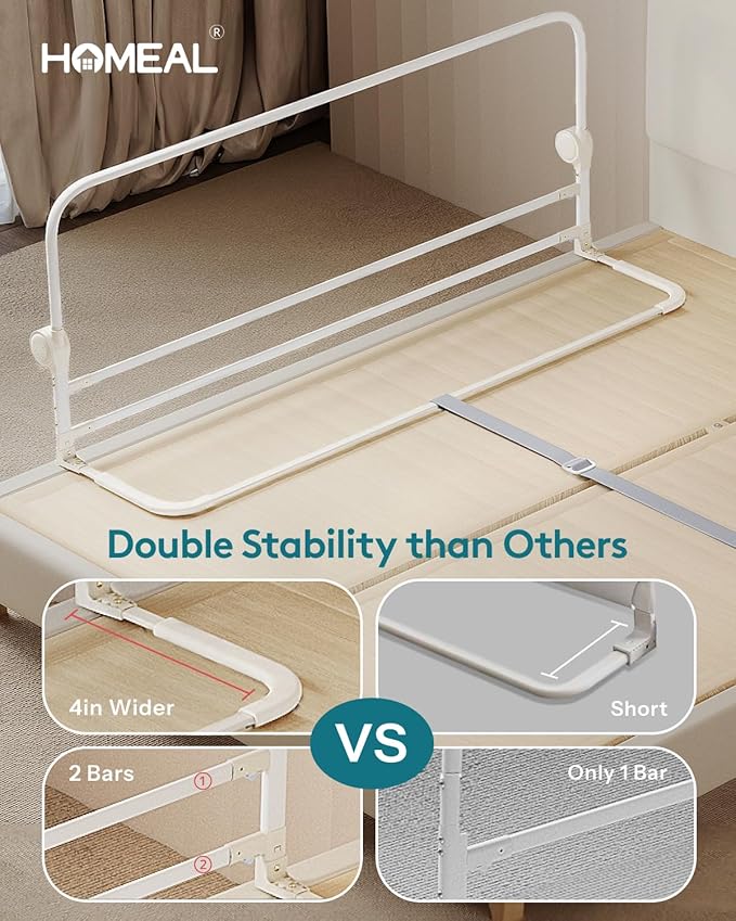 HOMEAL Bed Rail for Toddlers, 32" Swing Down Bed Guard with Double Reinforced Stability, Foldable Metal Safety Rail for King, Queen, Full & Twin Beds, Grey