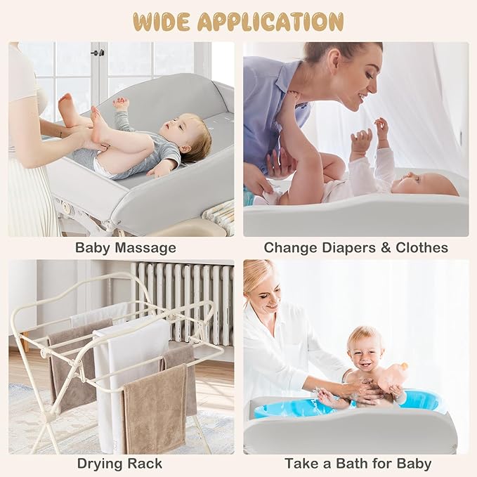 HONEY JOY Changing Table, Folding Mobile Diaper Nursery Organizer w/Wheel, 3 Adjustable Heights, Storage Bag & Open Shelf, Water Basin, Portable Baby Changing Station for Newborn Infant(Gray)