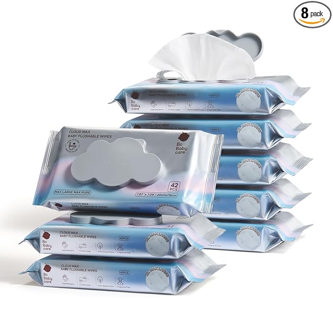 Bc Babycare Cloud Max Flushable Wipes, Hypoallergenic for Sensitive Skin, 99% Water, Plant-Based Fibers, Sewer + Septic Safe, Fragrance Free Toddler Potty Training, 336 Wipes, 8 Pack