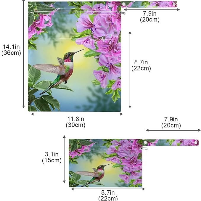 visesunny Spring Bird Hummingbird Hibiscus Flowers Summer Welcome 2Pcs Wet Bag with Zippered Pockets Washable Reusable Roomy Diaper Bag for Travel,Beach,Daycare,Stroller,Diapers,Dirty Gym Clothes
