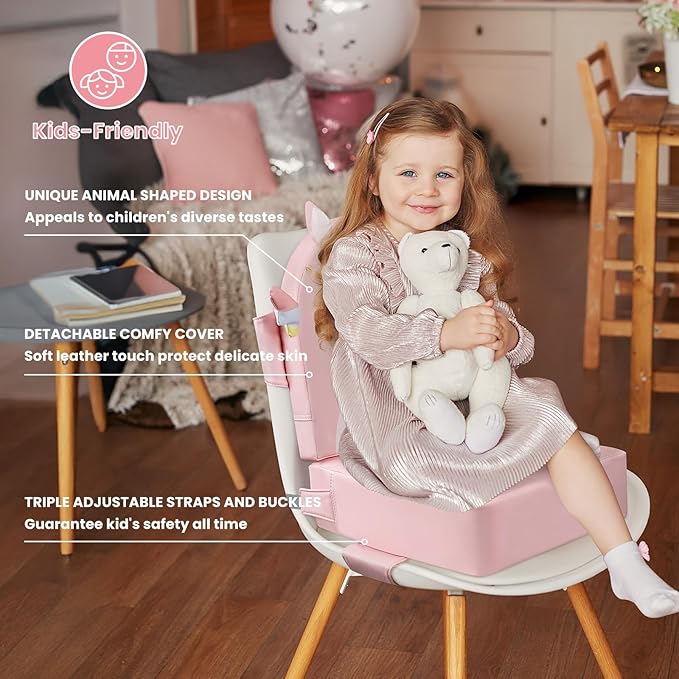Toddler Booster Seat for Dining Table with Backrest, 4inch Non-Slip Kids Booster Seat for Kitchen Chair, PU Waterproof Detachable Increasing Cushion (Pink Unicorn)