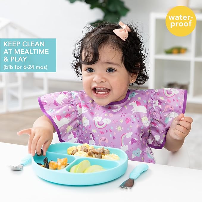 Bumkins Ruffle Apron Bib and 2-pack Sandwich Bags, Waterproof Fabric, Unicorns & Rainbows