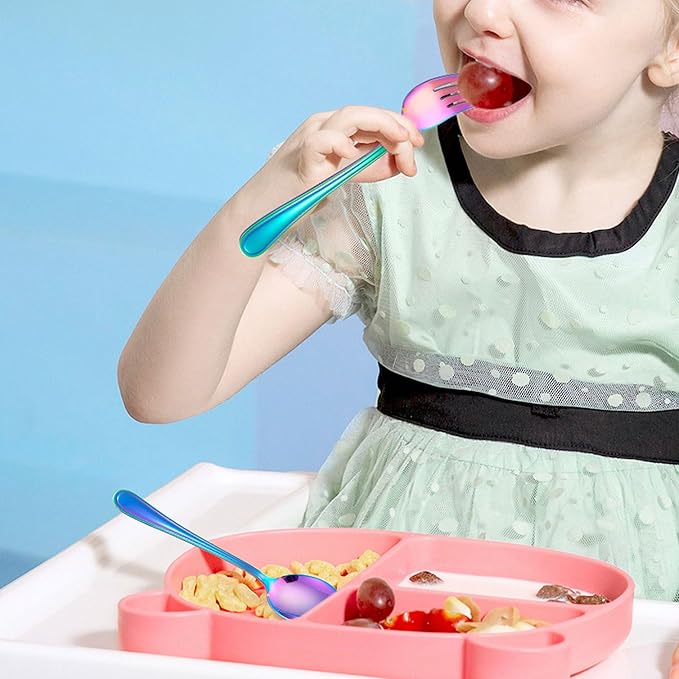 LIANYU 6-Piece Kids Forks and Spoons Silverware Set, Rainbow Children Toddler Utensils Set, Stainless Steel Child Flatware Cutlery for Home Preschools, Dishwasher Safe