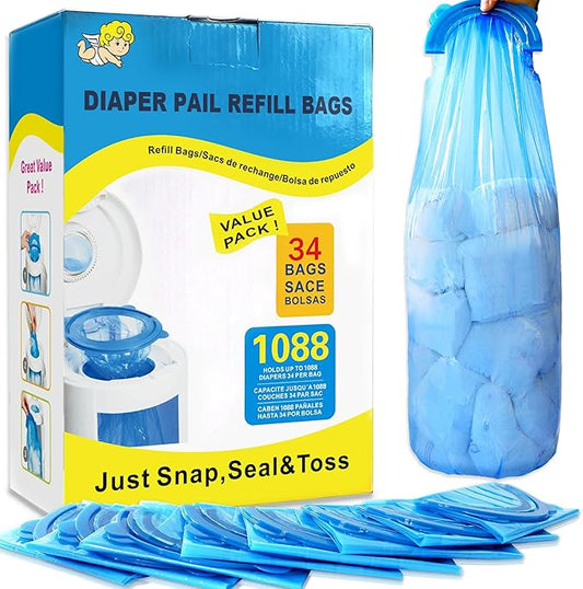 Diaper Pail Refill Bags,34 Bags Holds 1088 Counts Compatible with Arm&Hammer Diaper Pail Disposal System,Diapers Pails Snap,Seal and Toss Pail Refill Bags