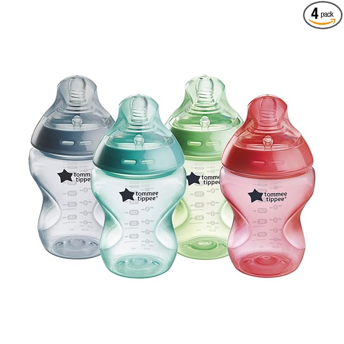 Tommee Tippee Natural Start Anti-Colic BPA Free Baby Bottles, 9oz, Slow-Flow Breast-Like Nipple for a Natural Latch, Designed for Seamless Transitions Between Bottle and Breast, Fiesta, Pack of 4