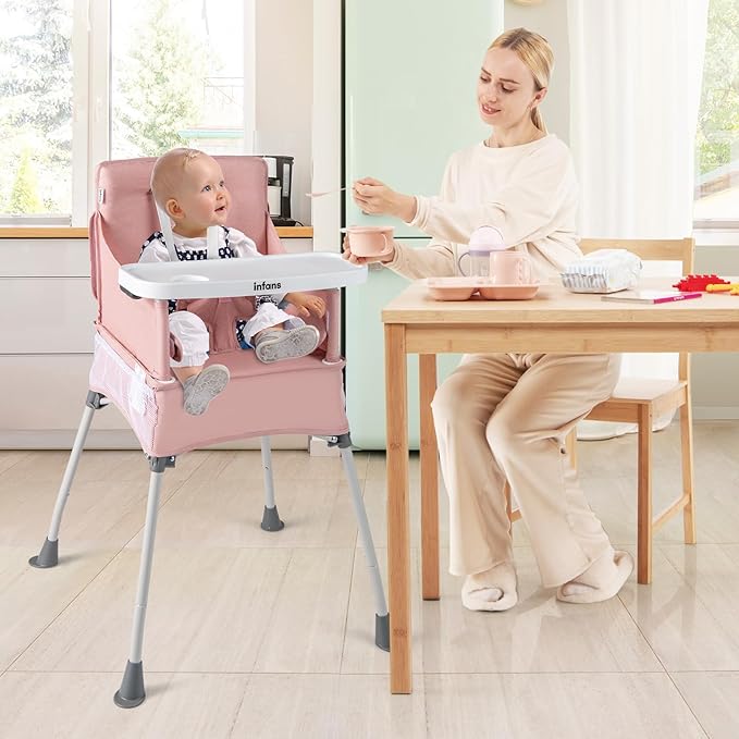 INFANS Baby High Chair, Foldable Portable Highchair for Babies and Toddlers with Travel Bag Adjustable Tray, 5 Point Harness, Compact Space Saver Infant Feeding Chair (Pink)