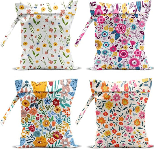 4 Pack Cute Wet Bag Waterproof Washable Reusable Wet Dry Bag for Swimsuit Dirty Clothes Diaper Travel Beach Pool Gym Birthday Bachelorette Party Camping Toiletries Beach Essentials，Floral Wildflower