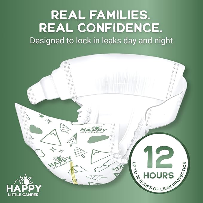 Happy Little Camper Ultra-Absorbent Natural Baby Diapers Size 2 - Hypoallergenic & Chlorine-Free Disposable Diapers Safe for Sensitive Skin - Unscented Infant Diapers - 216 Count