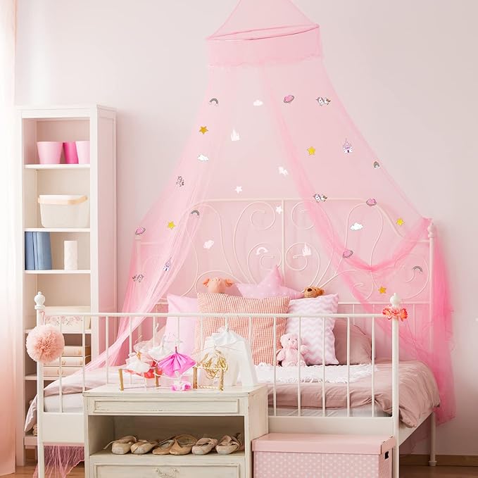 Stars Glow in The Dark Bed Canopy for Girls Unicorn Room Decor - Pink Bed Canopy Crib Mosquito Net Fluorescent Mosquito Net Hanging