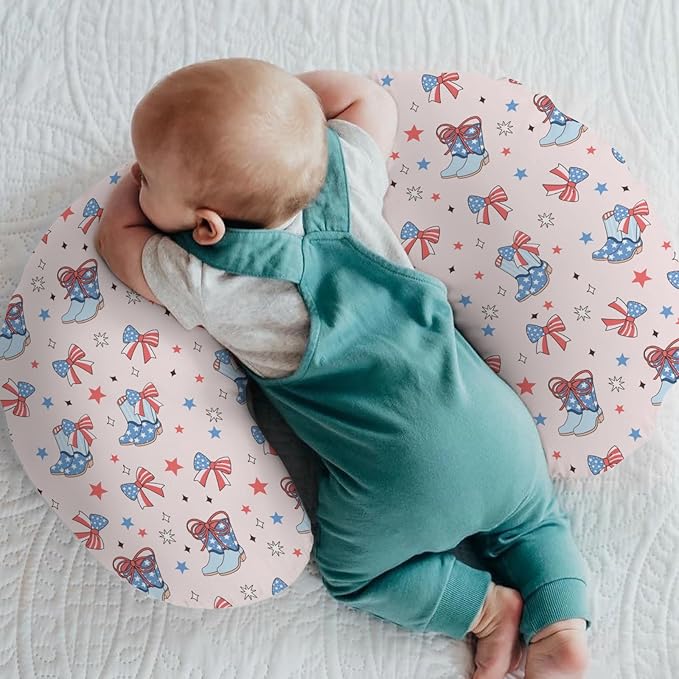 Pink July 4th Cowgirl Baby Nursing Pillow Covers for Girl Western Cowboy Boots American Flag Bows Stars Nursery Slipcovers for Breastfeeding Pillows Patriotic Soft Stretchy Cover for Newborn Infant