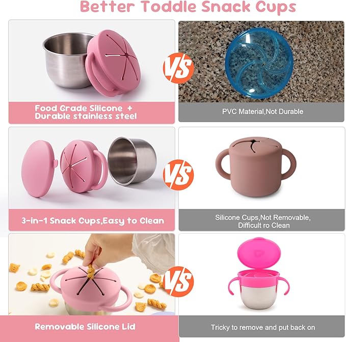 Bufilea Snack Containers for Toddlers, 3-in-1 Stainless Steel Toddler Snack Cups with Removable Silicone Food Catcher & Travel Lids, No-Spill Snack Container for Baby Self-feeding (Pink, Pack of 1)