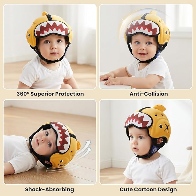 Mambobaby Baby Head Protector Helmet for Crawling and Walking, Breathable Soft Helmet, Ultra-Lightweight & Adjustable, Prevents Bumps Safety Helmet for Infants Toddlers 6-24 Months (Sunshine Shark)