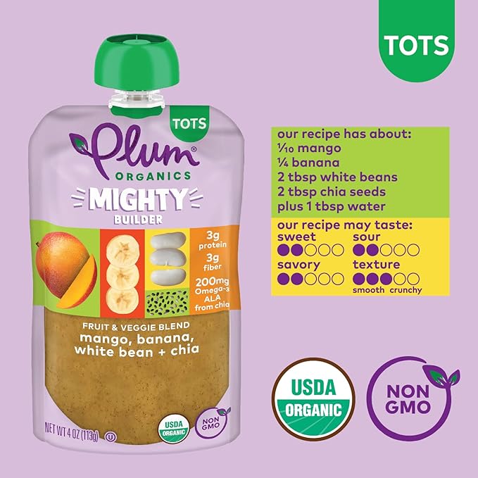 Plum Organics - +12 Months Organic Baby Food - Mango, Banana, White Bean & Chia - Non-GMO - On-The-Go Pouches for Baby & Toddler Meals - Quality Tested Ingredients - 4 oz (Pack Of 12)