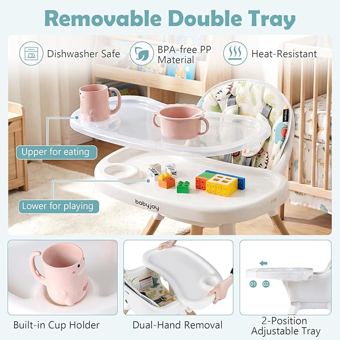BABY JOY High Chair, 4-in-1 Convertible Highchair for Babies and Toddlers with Adjustable Legs, Double Removable Tray, Storage Basket, 5-Point Safety Harness & Waterproof PU Cushion, Easy to Clean