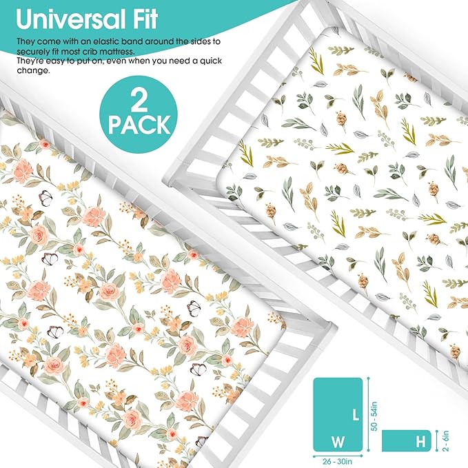 BROLEX Baby Fitted Crib Sheets: Kid Crib Sheets - Set of 2 for Toddler Standard Size Crib Mattress for Boys and Girls - Jersey Knit Crib Bed Sheets Rose & Foliage