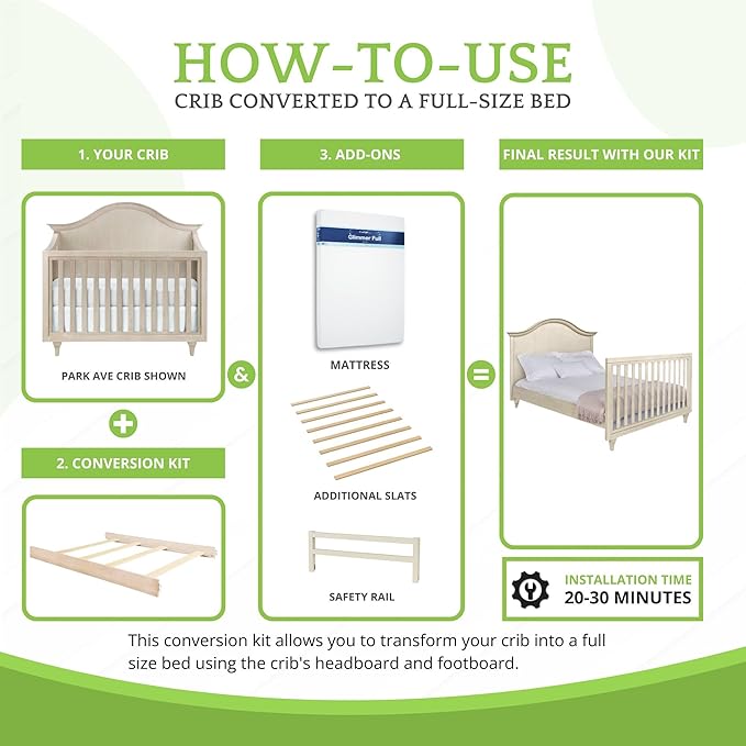 Full-Size Conversion Kit Bed Rails for Baby Appleseed and Eco-Chic Convertible Cribs - Solid Wood Rail - Toddler & Adult Bed Rail for Full-Size Beds - Nursery and Baby Furniture (Almond, Hook-On Kit)