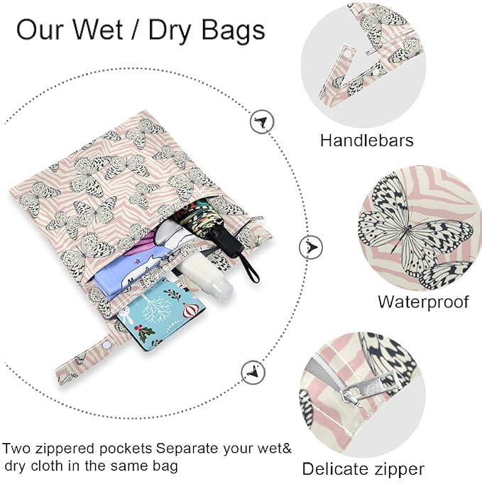 visesunny Butterfly Zebra Print 2Pcs Wet Bag with Zippered Pockets Washable Reusable Roomy Diaper Bag for Travel,Beach,Daycare,Stroller,Diapers,Dirty Gym Clothes,Wet Swimsuits,Toiletries