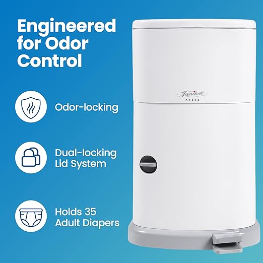 Janibell Akord 330 Adult Diaper Pail System – Holds Up to 35 Adult Diapers per Load, 560 Diapers per Refill Roll, 11-Gallon Hands-Free Step-On Trash Can, Odor-Locking Double Seal, White Resin