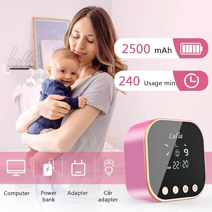 Lulia Double Electric Breast Pump, Breastfeeding Pump 4 Modes & 9 Levels, Low Noise, Anti-Backflow & LED Display, BPA Free, Portable Breast Pumps with 24mm Flange, Pink