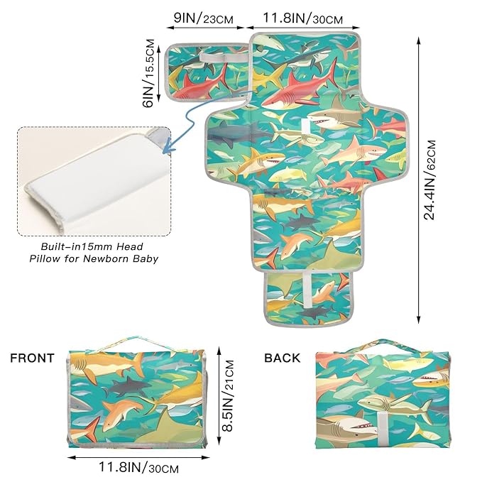Portable Diaper Changing Pad Travel Baby Changing Mat Waterproof Diaper Changing Mat Foldable Lightweight Baby Changer with Built-in Pillow Colorful Sharks Green