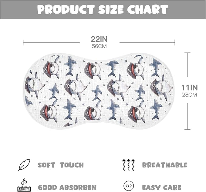 vvfelixl Muslin Burp Cloths Cartoon Shark Pirate Baby Washcloths for Baby Girl Boys 2 Pack