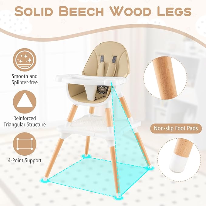 HONEY JOY Baby High Chair, 6-in-1 Convertible Wooden Highchair for Babies and Toddlers/Table Set/Toddler Chair with Safety Harness, 4-Position Removable Feeding Tray (Khaki)