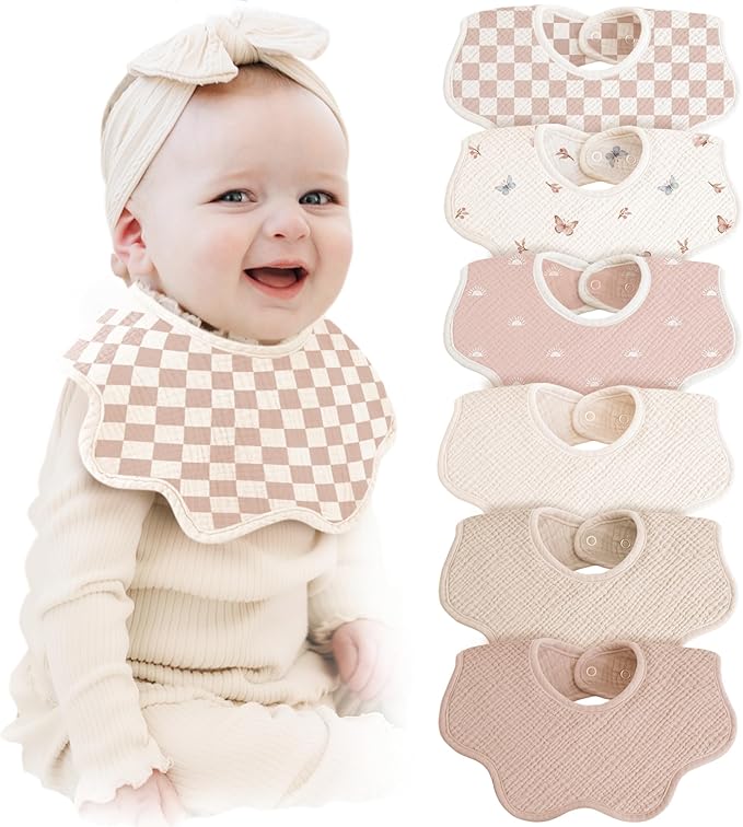 Konssy Muslin Baby Bibs 100% Cotton Absorbent Bandana Drool Bibs for Teething and Drooling, 6-Pack for Baby Boys & Girls