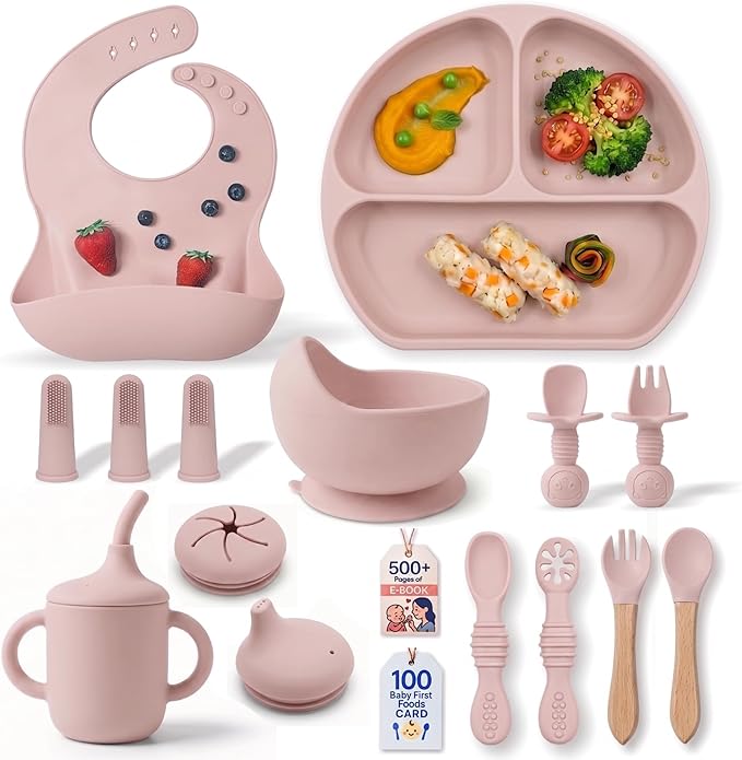 Remonda 17-Piece BPA-Free Baby Silicone Feeding Set | Extra Large Suction Plates, Toddler Bowls, Self Feeding Spoons, and More | Dishwasher Safe| Infant Led Weaning Supplies（Pink）A
