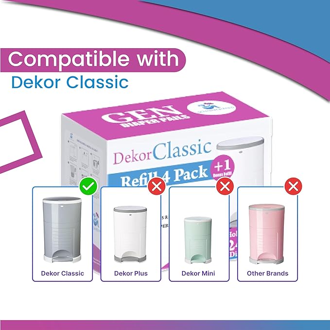 Pack of 4 +1 More Diaper Refill Liners Refills Compatible with DEKOR CLASSIC Diaper Pails Exclusive 30% Extra Thickness Diaper Pail Refills with Powerful Odor Elimination Leakage-proof, Powder Scent
