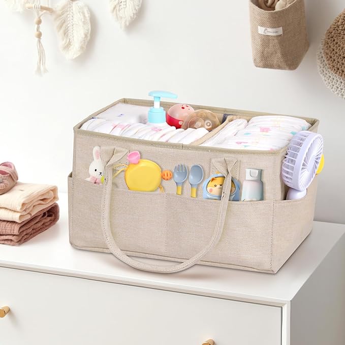 Volnamal Diaper Caddy with Wipe Dispenser One-Handed Access, Premium Diaper Organizer, Portable Car Organizer Nursery Basket for Newborn Essentials, Baby Registry Must Haves for Boys & Girls, Beige