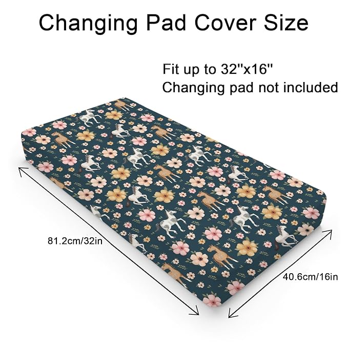 Watercolor Horse Boho Floral Changing Pad Cover Cute Horses Baby Diaper Change Table Pad Cover for Boys Girls Soft Breathable Stretch Snug Fitted Diaper Changing Mat Sheets Covers 32''x16'' Navy