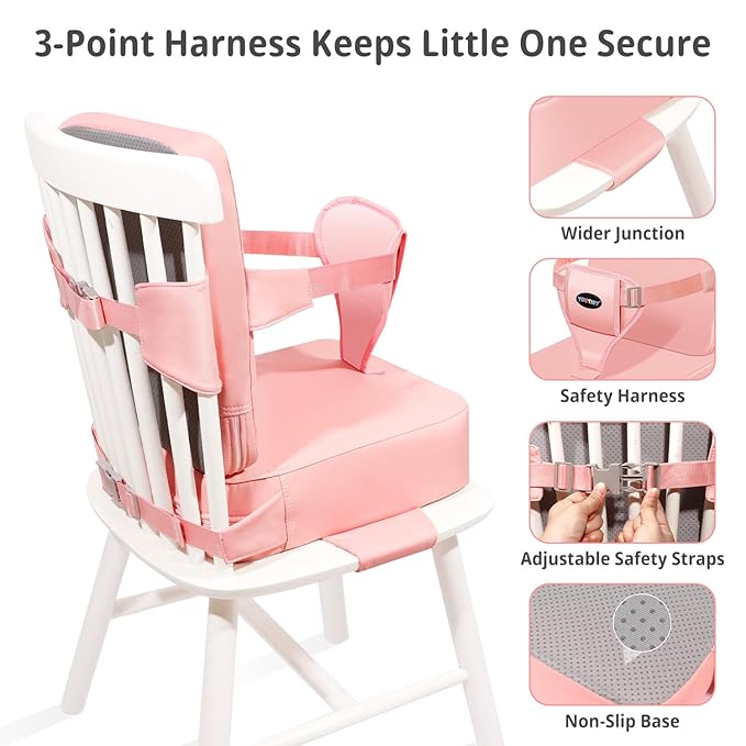 Toddler Booster Seat for Kitchen Chair with Removable Backrest & Adjustable Straps, PU Portable Waterproof & Non-Slip Booster Seat for Dining Table, Travel Child Eating Cushion - Pink