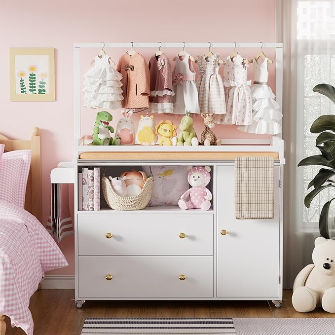 PAKASEPT Baby Changing Table, Infant Diaper Changing Station with Wheels & Wide Table Top & Clothes Rail, Baby Changing Table with Two Drawers and Cabinet for Nursery and Kids