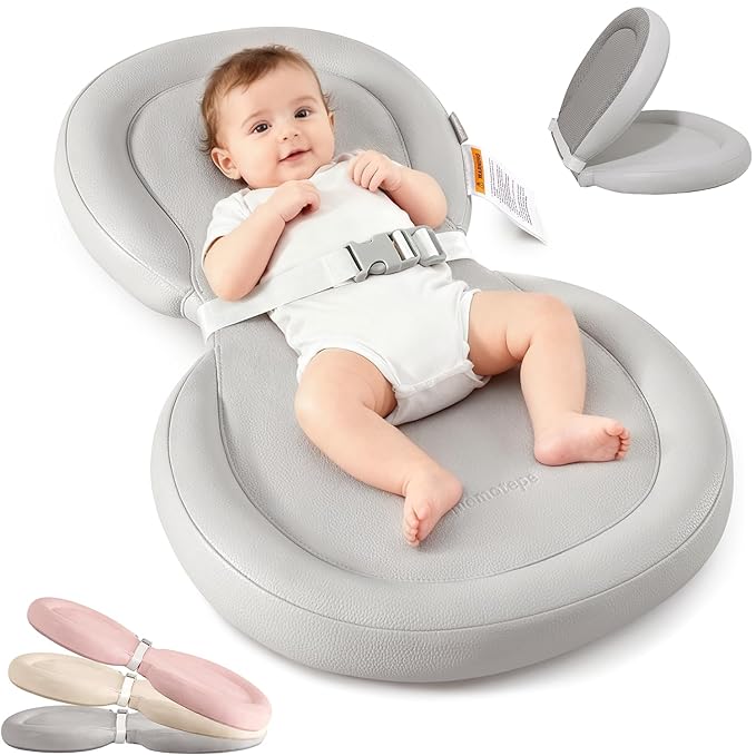 Mamatepe Peanut Baby Changing Pad, Foldable Travel On-the-Go with Non-Slip Base & Safety Belt, Wipeable PU Cushion for Dresser & Changing Table 30"x18", Gray