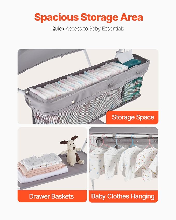 VEVOR Baby Changing Table, Foldable Diaper Change Station with Side Basket, Adjustable Height Changing Table with Lockable Wheels, Multi-Functional Nursery Storage Organizer, Gray