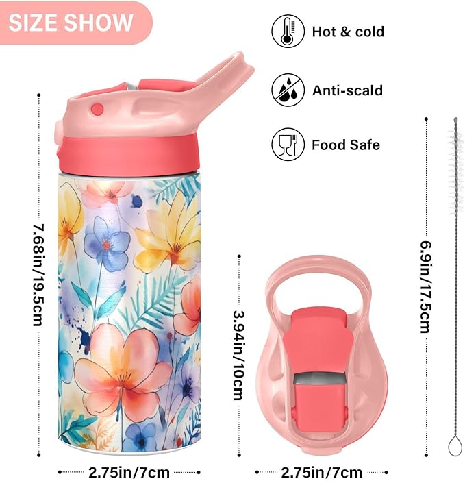 Cute Flowers Girls Water Bottle with Straw and Carry Handle Rainbow Pink Green Purple Vacuum Insulated Stainless Steel Bottles Leak-Proof for Boys Kids Toddler 12 oz Pink Lid