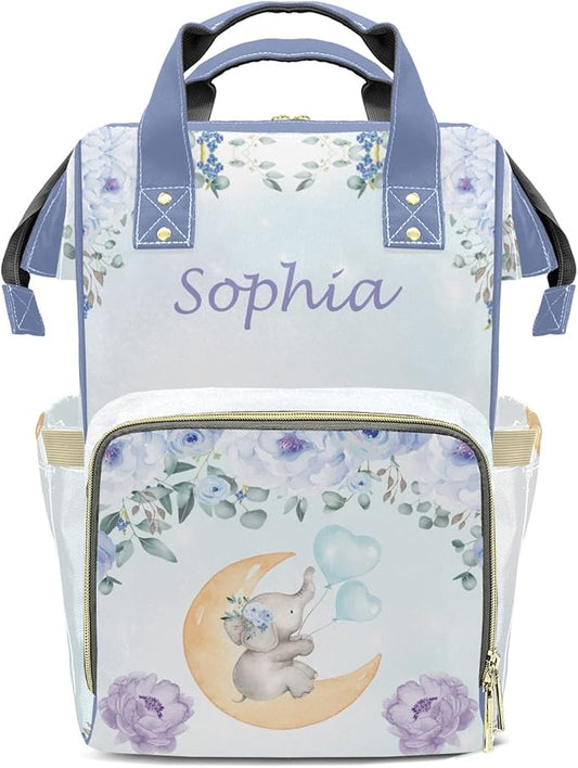 Watercolor Flower Elephant Diaper Bag Backpack Tote Custom with Name Multifunction Waterproof Travel Back Pack Diaper Bag Gifts Backpack for Men Women