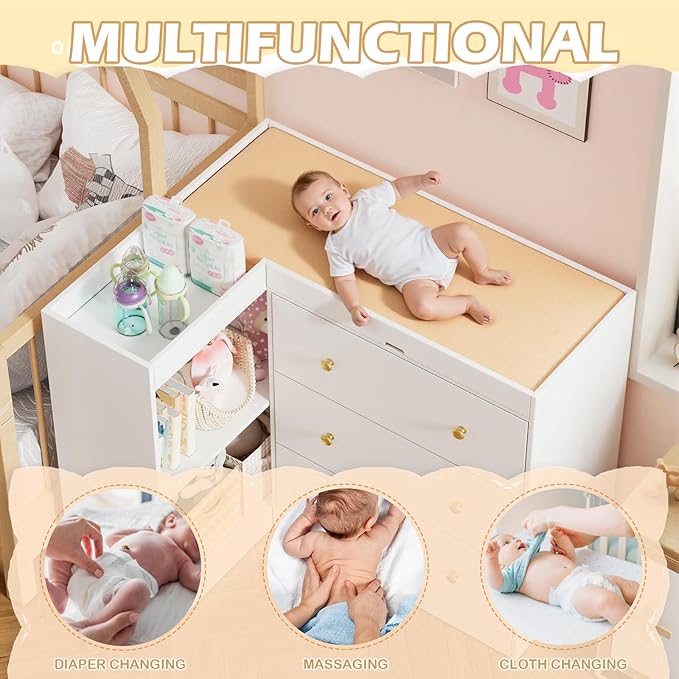 PAKASEPT Modern Nursery Changing Table, Corner Baby Dressing Table with 3 Drawers and 2 Open Shelves, Multi Functional Diaper Changing Station for Children's Rooms,Nursery
