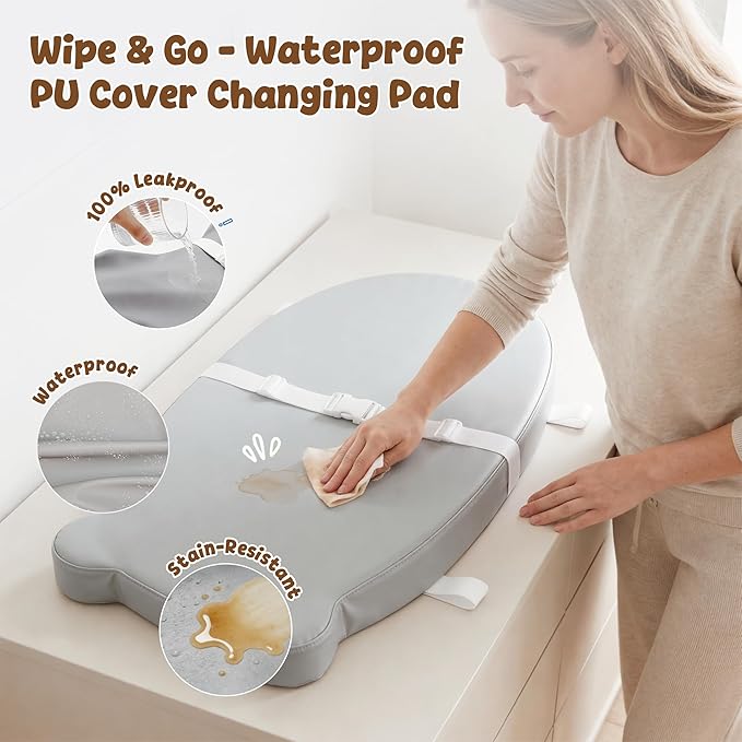 Baby Diaper Changing Pad with Wipeable & Waterproof PU Cover, Contoured Baby Changing Pad for Dresser, Non-Slip Changing Table Pad with Adjustable Strap, Cushioned Contoured Foam Grey