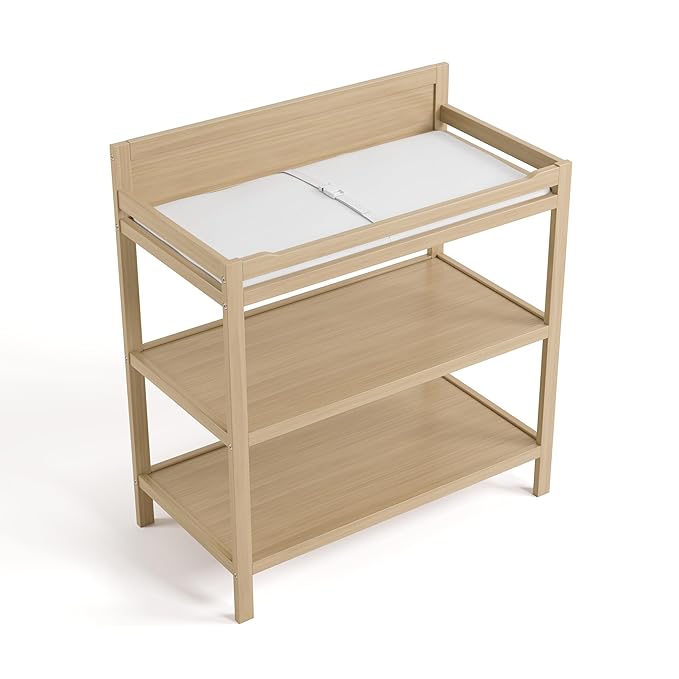 Storkcraft Alpine Changing Table (Driftwood) - Includes Water Resistant Changing Pad with Safety Strap, 2 Open Shelves for Storage