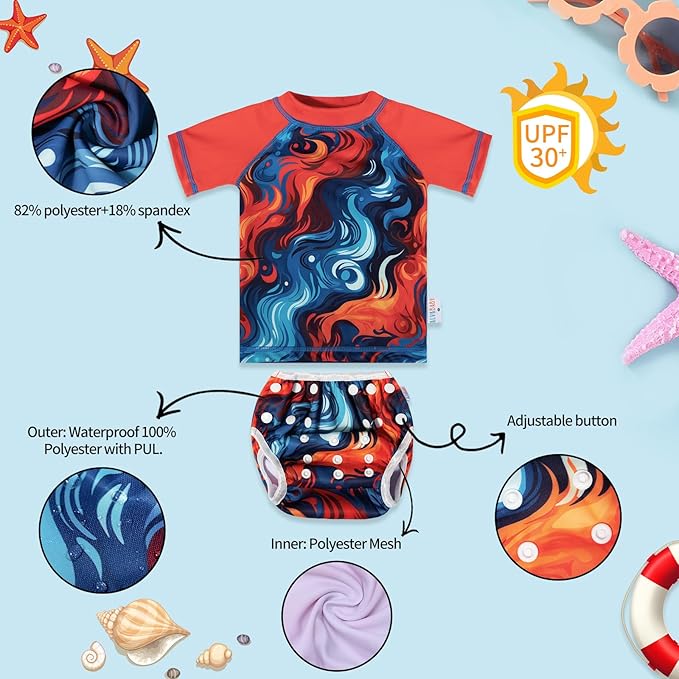 ALVABABY Baby Girl Swimsuit, 2-Piece Infant Toddler Bathing Short Sleeve Swimwear, Large Baby Reusable Swim Diaper with Matching Top