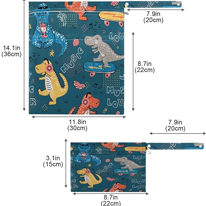 visesunny Music Lover Dinosaur 2Pcs Diaper Changing Totes Wet Bags with Zippered Pockets Washable Reusable Roomy Cloth Diaper for Travel,Beach,Daycare,Stroller,Dirty Gym Clothes,Wet Swimsuits,Toiletri
