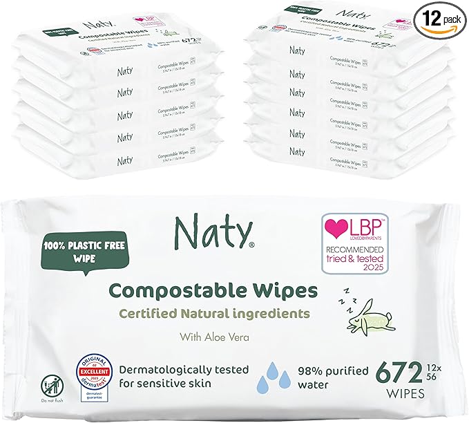 Naty Baby Wipes Aloe | 98% Water, Hypoallergenic & Natural for Sensitive Skin | Unscented, Plant-Based, Fragrance-Free | Plastic-Free & Compostable | Newborn & Toddler Wipes | 672 Count (12 Packs)