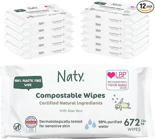 Naty Baby Wipes Aloe | 98% Water, Hypoallergenic & Natural for Sensitive Skin | Unscented, Plant-Based, Fragrance-Free | Plastic-Free & Compostable | Newborn & Toddler Wipes | 672 Count (12 Packs)