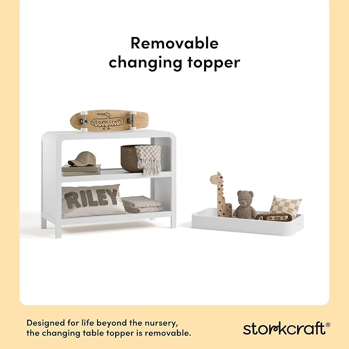Storkcraft Santos Changing Table (White) – GREENGUARD Gold Certified Baby Changing Table, Solid Wood Construction, Removable Topper Fits Standard-Size Changing Pad