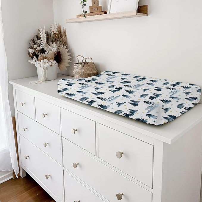 Bear Snow Forest Changing Pad Cover Watercolor Bear Paws Trees Change Table Pad Cover for Baby Boys Girls Soft Breathable Stretchy Snug Fitted Diaper Changing Mat Sheets 32''x16''