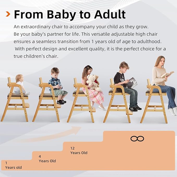 Wooden High Chair for Toddlers, Adjustable Baby Feeding Chair with Seat & Footrest, Grows with Child Dining Chair, Solid Wood Kids Learning Chair for Table, Study & Mealtime - Natural