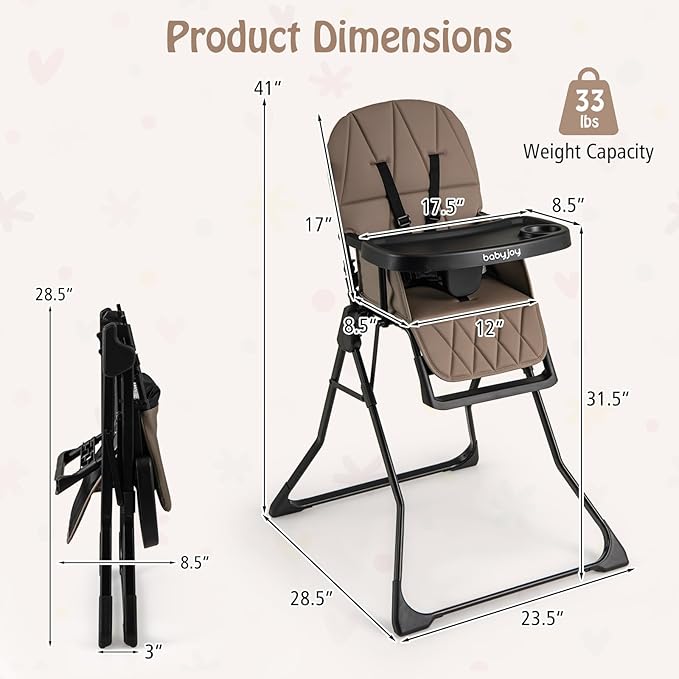 BABY JOY Foldable High Chair, Portable Highchairs for Babies and Toddlers with 3-Position Adjustable Tray & Footrest, Removable Seat Cushion, 5-Point Safety Harness, Space Saving Design (Coffee)