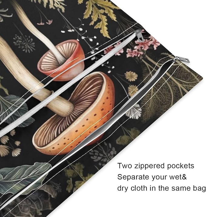 2 Pack Mushrooms Black Cloth Diaper Wet Dry Bags,Waterproof Reusable Wet Bag with Two Zipper Pockets& Handle,Washable for Swimming,Travel,Beach,Pool or Wet Clothes