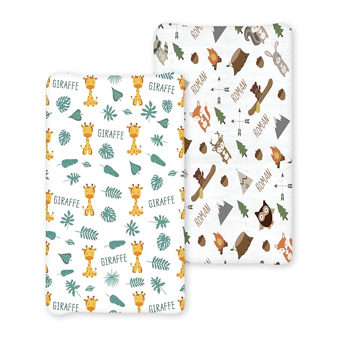 Personalized Baby Changing Pad Cover - 2 Piece Cute Giraffe Print Baby Pee Pad Cover for Diaper Changing Table with Name, Portable Custom Gifts for Infant Baby